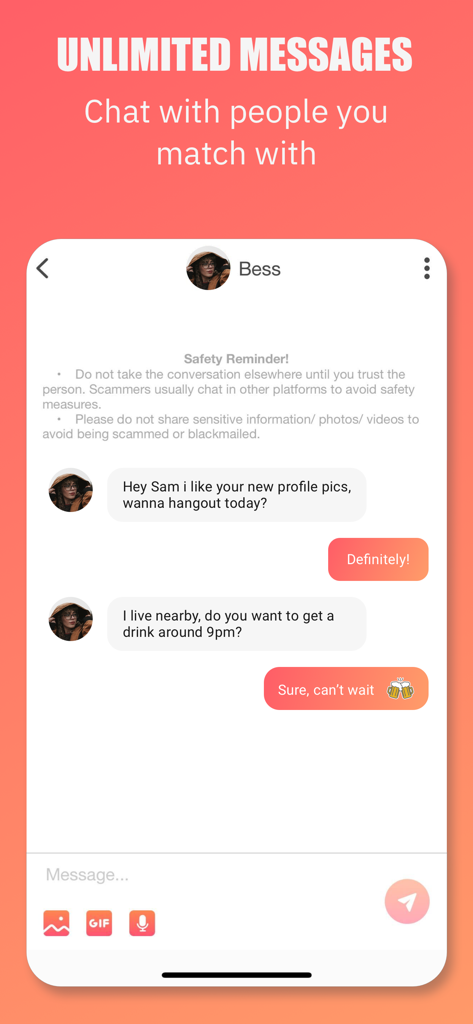 Mingle2 dating app chat screen showing a conversation between users with a prominent safety reminder and unlimited messaging feature