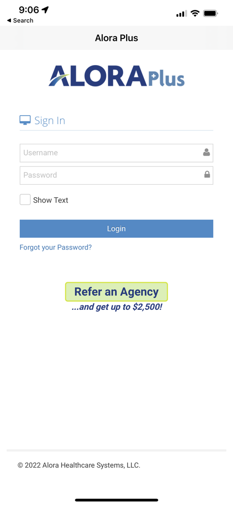 Alora Plus - Login interface for the Alora Plus home healthcare application