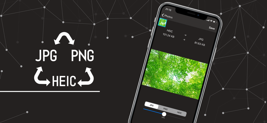 Image Converter - JPG PNG HEIC - Interface of the Image Converter app showing a conversion from HEIC to JPG on an iPhone screen.