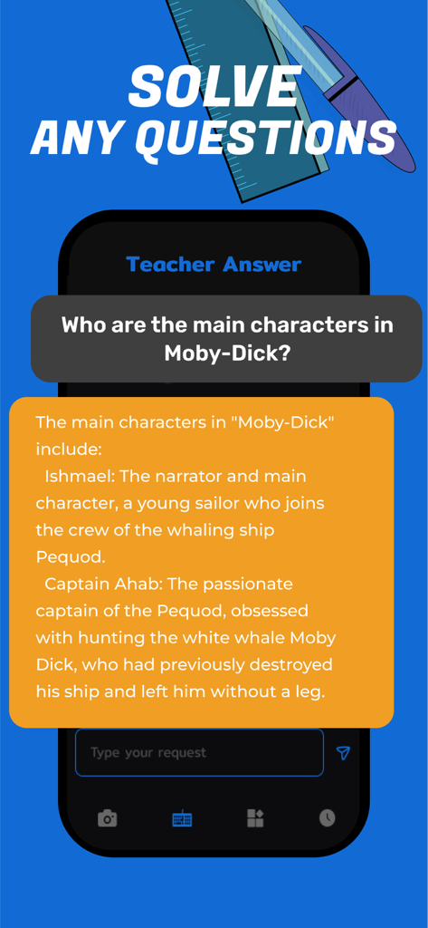 Photo Answer: Math Helper AI - Screenshot of the Photo Answer app providing an AI response to a literature question about Moby Dick