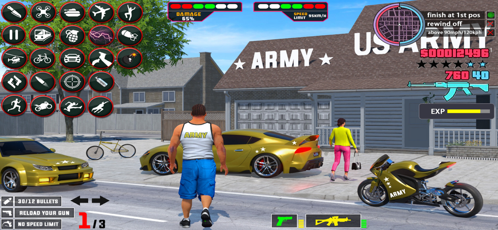 Army Transport Truck Sim 3D - A character in an army vest walking through a suburban neighborhood with gold military themed sports cars and a motorcycle in a 3D simulation game
