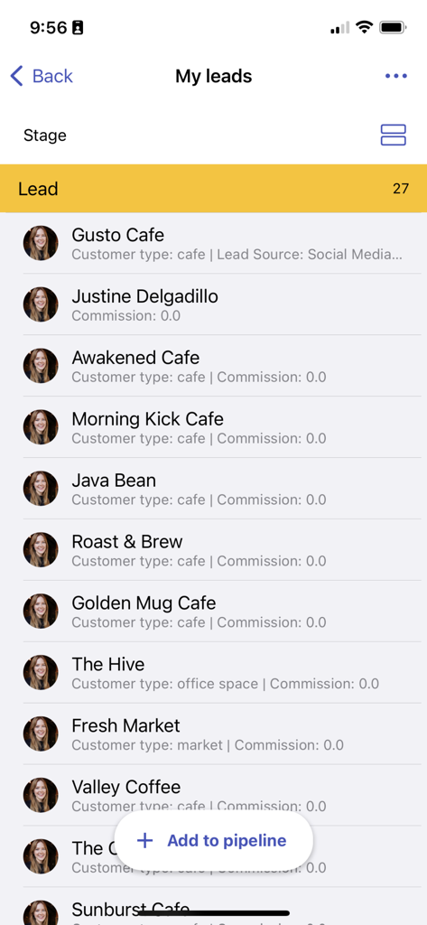 Streak CRM app showing a list of leads in the pipeline