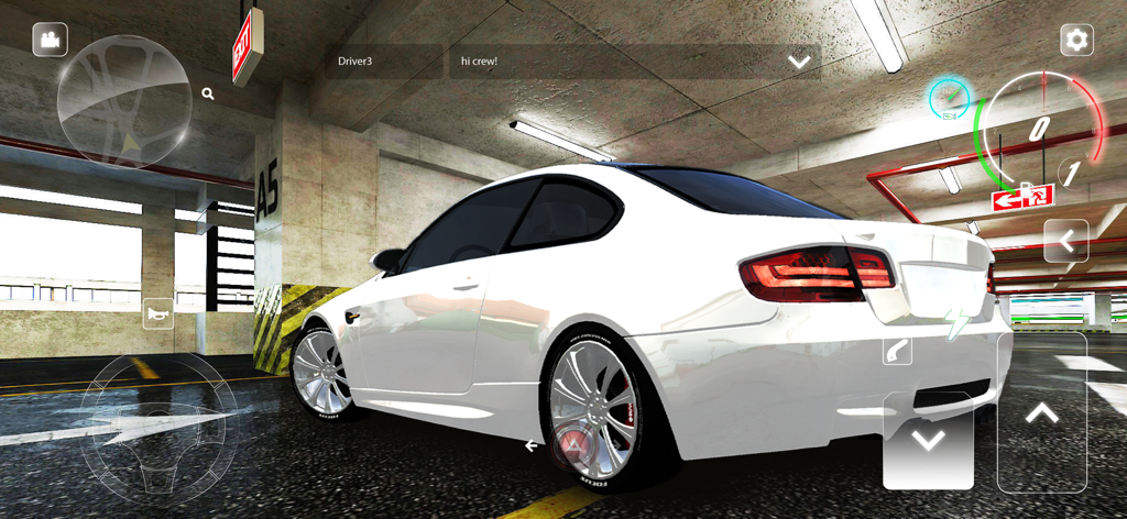 PetrolHead Extreme Car Driving - A white sports car parked in an underground garage in PetrolHead Extreme Car Driving with multiplayer chat visible