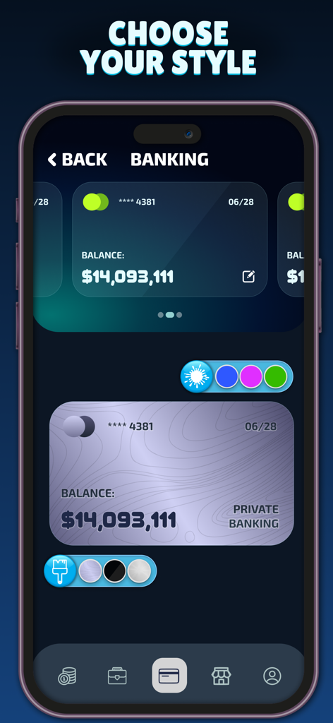 Money Clicker: Business Tycoon - Tarjetas bancarias personalizables y alto saldo en el juego Money Clicker Business Tycoon