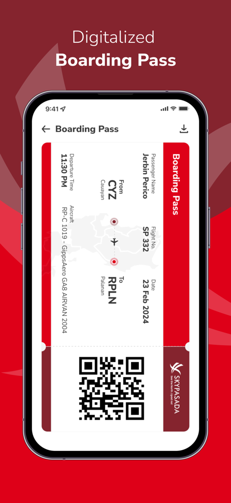 Sky Pasada - Sky Pasada digital boarding pass with QR code on a smartphone screen