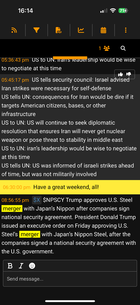 Institutional grade news feed for traders showing real-time breaking market headlines on HS MarketTalk app.