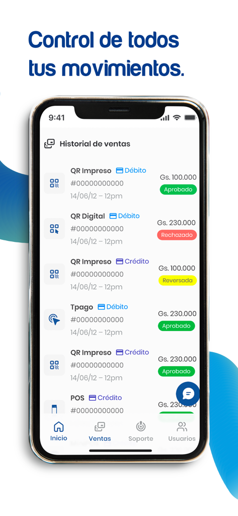 Bancard - Smartphone screen showing the Bancard merchant app sales history with QR and POS transaction details