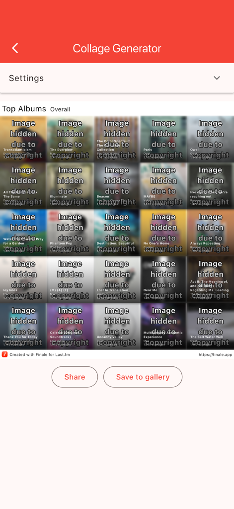 Finale for Last.fm - Finale for Last.fm app screen displaying a collage generator for top albums with share and save options