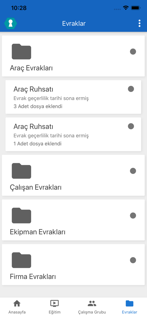 Wellcome - Interface de l'application Wellcome montrant une liste de documents de sécurité et de conformité pour les véhicules et les employés