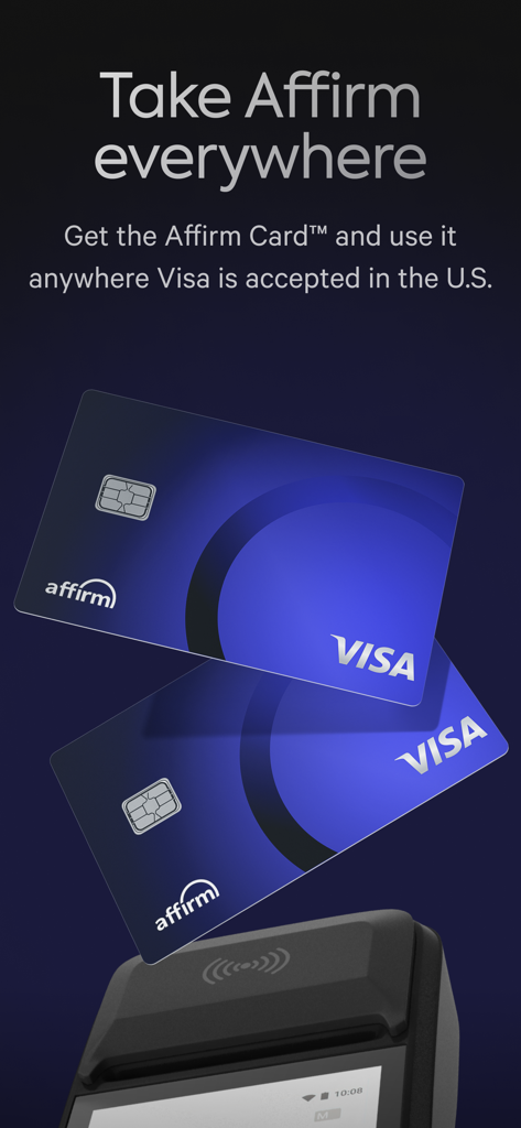 Two blue Affirm Visa cards floating above a contactless payment terminal