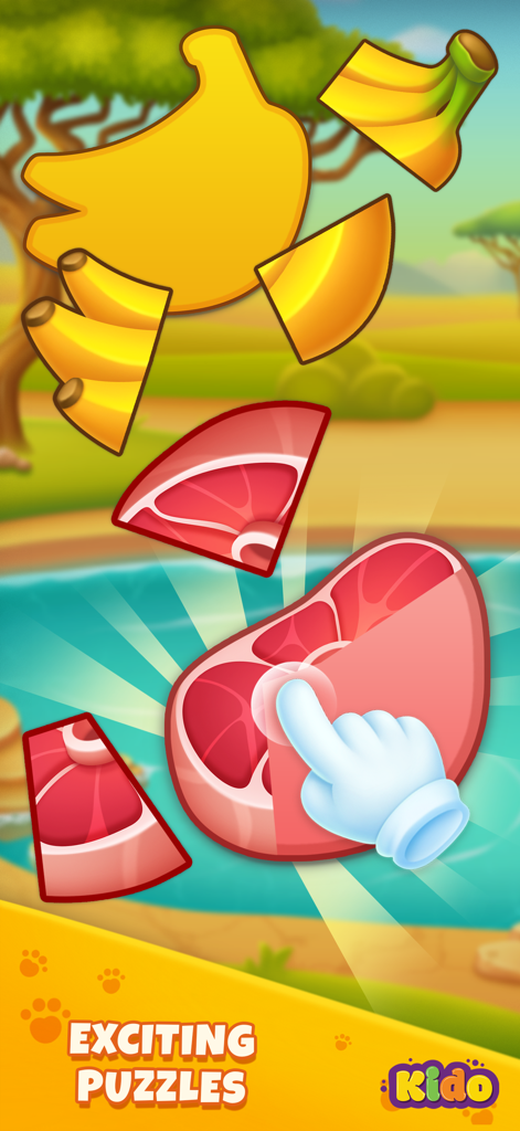 Safari Animals Games For Kids - Un minijuego interactivo de rompecabezas de comida para niños con piezas de carne y plátano en un escenario de safari