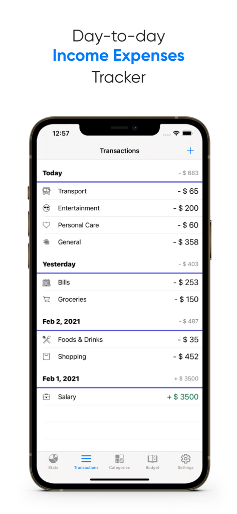 A mobile interface of the Day-to-day Expenses Tracker app showing a list of categorized daily income and expenses.