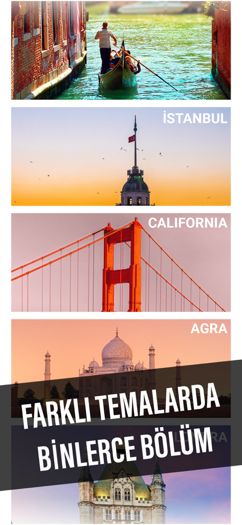 Kelime Gezmece - A collection of travel themed backgrounds featuring Istanbul California and Agra in a word puzzle game