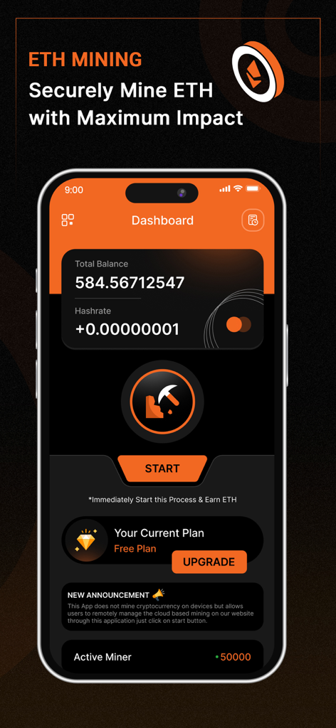 Ethereum Mining, ETH Miner - Ein Smartphone, das das Ethereum Mining Dashboard mit Guthaben- und Hashrate-Statistiken anzeigt