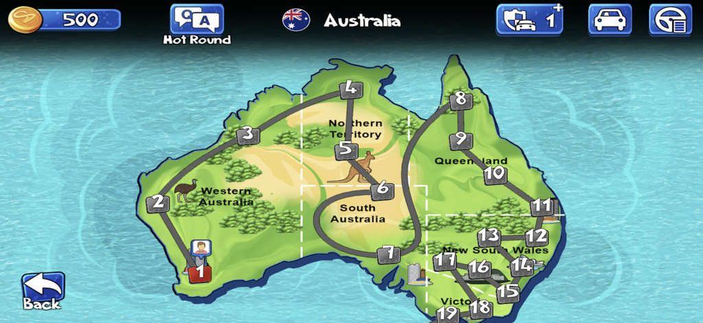 Carte de l'Australie avec des niveaux de course numérotés dans l'application éducative World Wise.