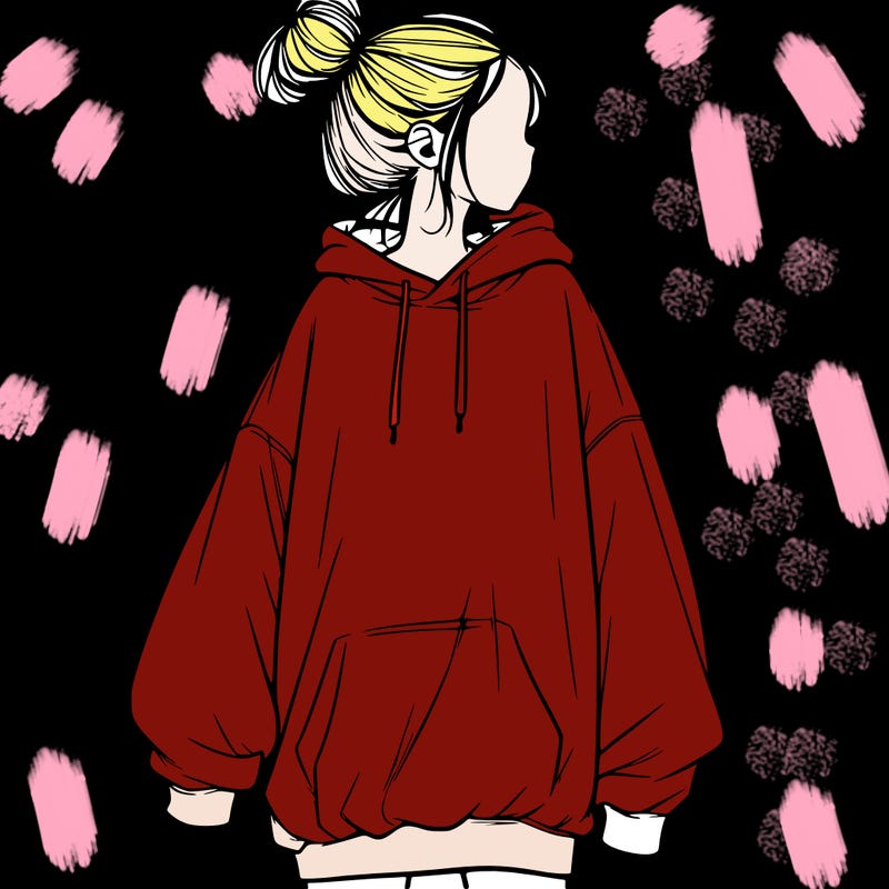 realistic girl with a oversized sweatshirt on and a bun
