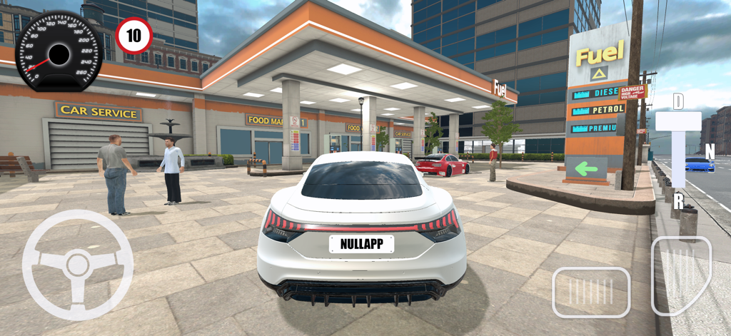 White sports car parked at a realistic fuel station in Driving School 3D simulator