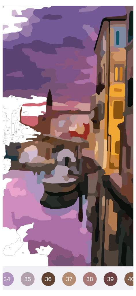 Oil Painting - Color By Number - digital oil painting style coloring page of a venetian canal scene at sunset with numbered sections