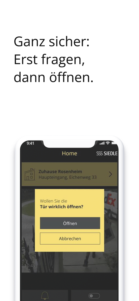 Siedle App - Pantalla de seguridad de la Siedle app pidiendo confirmación para abrir la puerta con verificación de vídeo