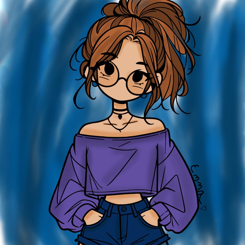 girl with a messy ponytail glasses a baggy crop top and jean shorts