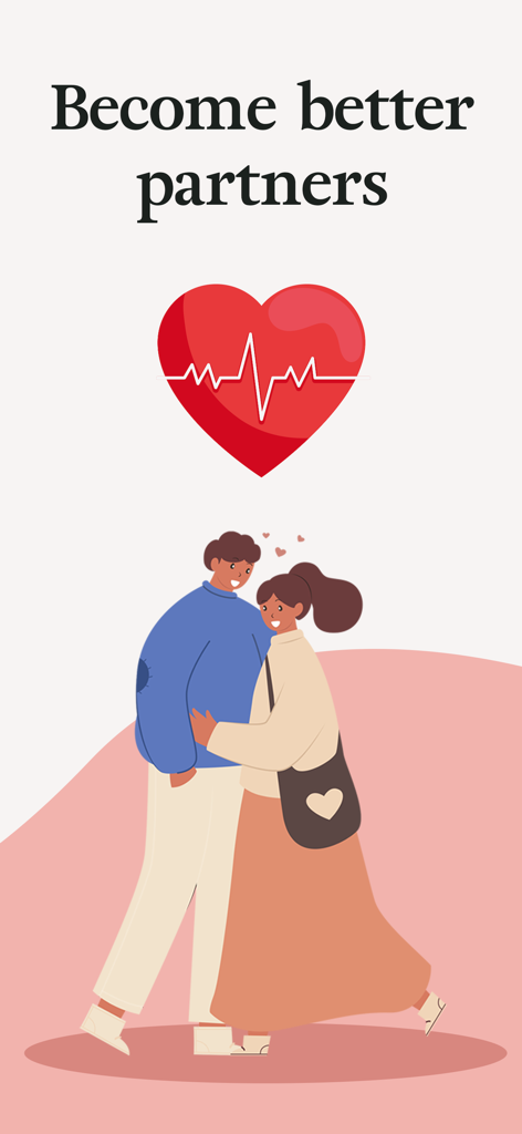 Coral: Couples & Relationship - An illustration of a happy couple hugging with a red heartbeat icon and the text Become better partners