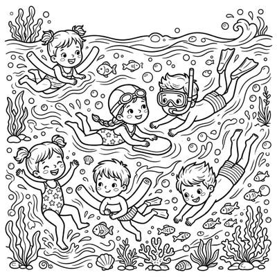 Immerse yourself in a vibrant underwater world with this captivating coloring page featuring cheerful child swimmers. Perfect for sparking imagination and celebrating the joy of water play.
