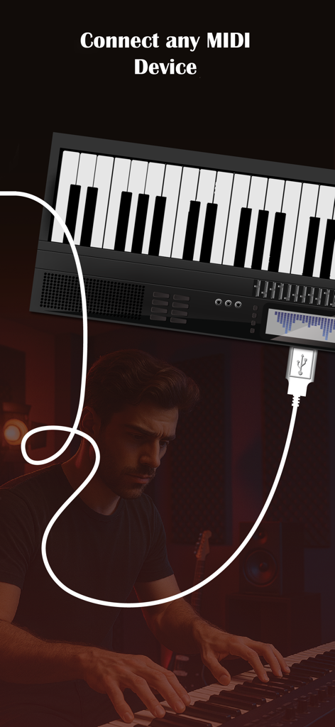 ORG 24: Your Music - Ein Musiker, der ein physisches MIDI-Keyboard mit der ORG 24 App für professionelle Musikproduktion verbindet