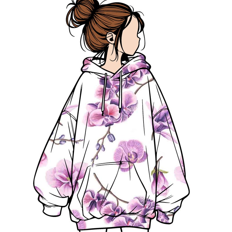 realistic girl with a oversized sweatshirt on and a bun
