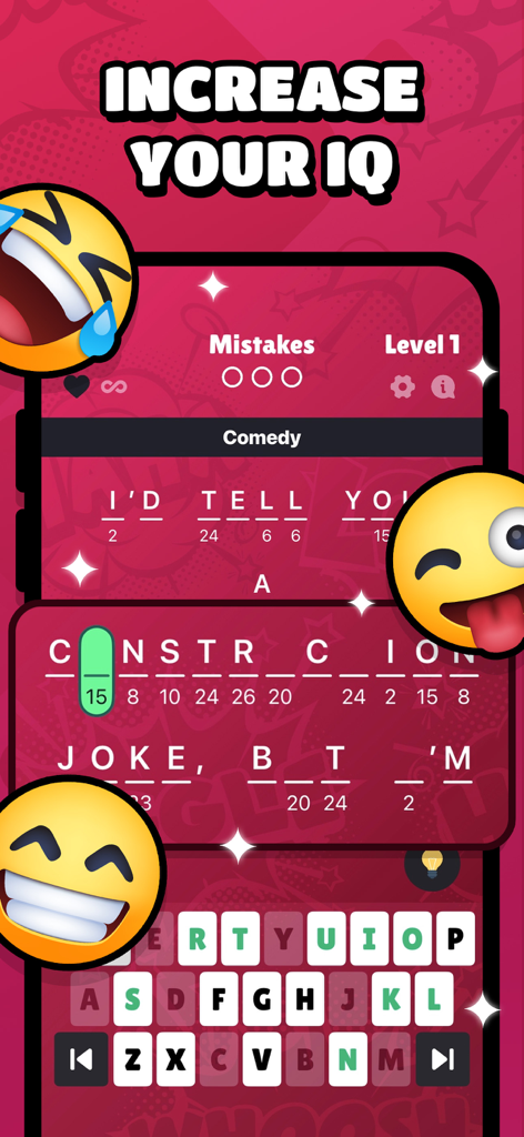 Una captura de pantalla del juego de puzles de palabras Cryptogram que muestra un nivel temático de comedia con un mensaje codificado y el encabezado Aumenta tu Coeficiente Intelectual.