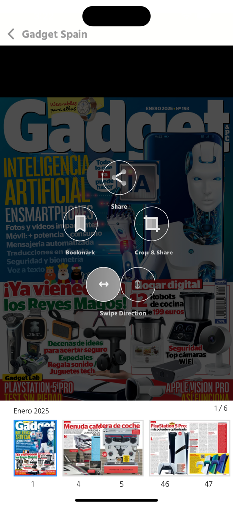 Lecteur numérique pour le magazine Gadget Spain montrant la couverture de janvier 2025 et les vignettes des pages