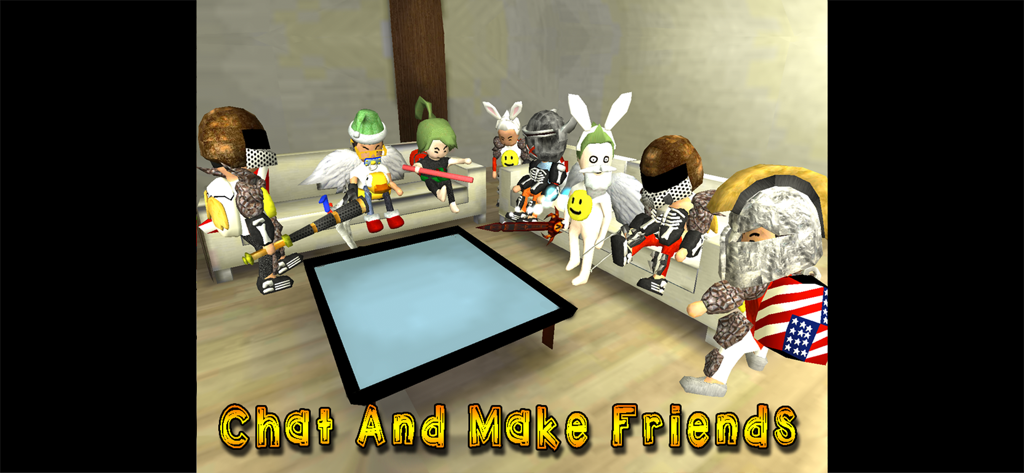 Grupo de avatares personalizados diversos pasando el rato en una sala social con el texto Chat And Make Friends
