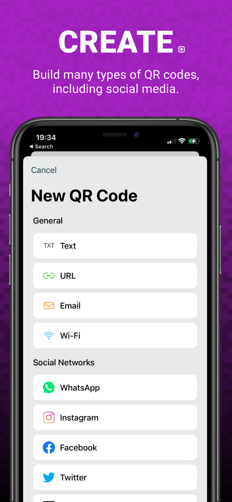 Interfaz de una aplicación móvil para crear varios tipos de códigos QR para redes sociales y enlaces generales.