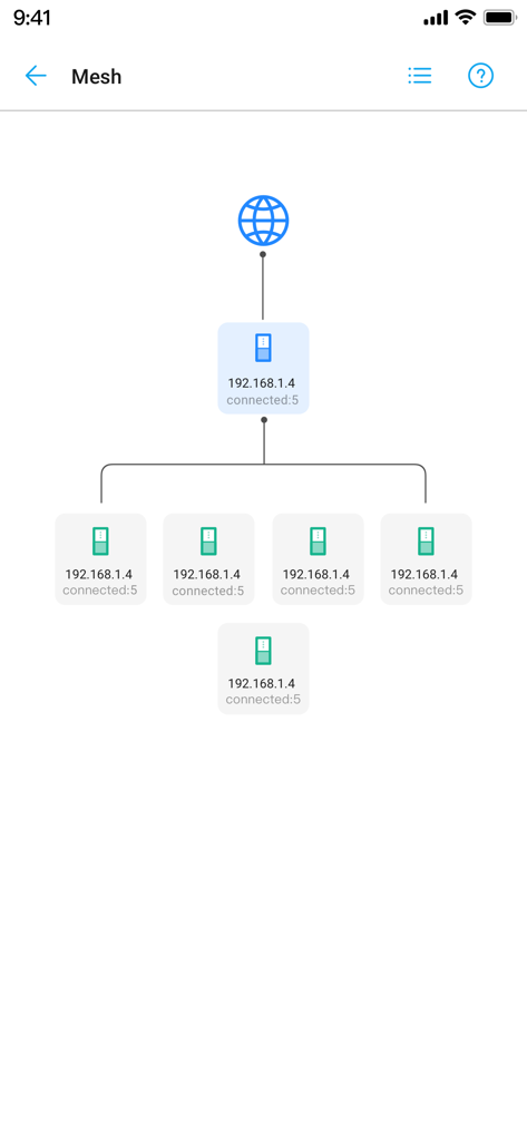 ZTELink - A diagram of a mesh network topology in the ZTELink app showing multiple connected router nodes.