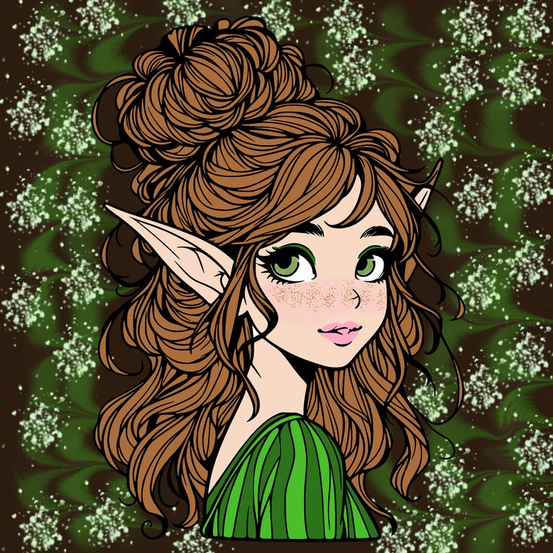magical realistic elf girl with a messy bun