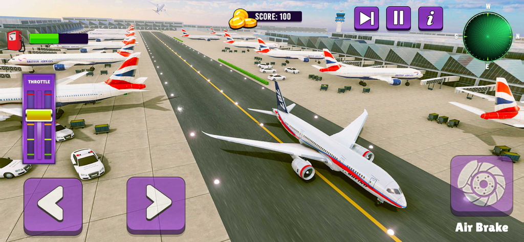 Airline Flight Pilot Simulator - A Boeing 787 on a busy airport runway with flight simulator controls displayed