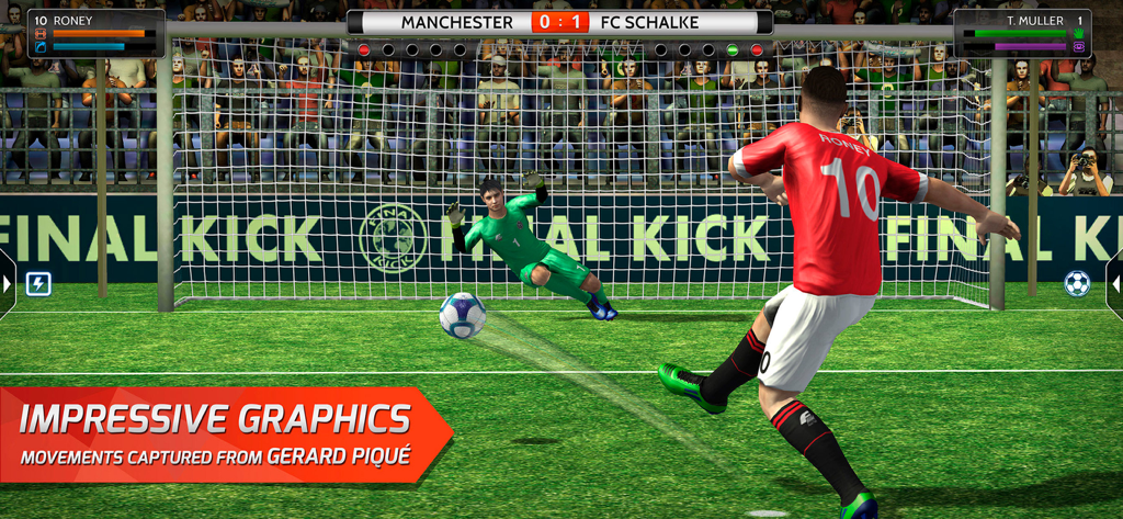 Final Kick: Online football - Realistisches Elfmeterschießen-Gameplay in Final Kick Online Football mit einem Spieler, der den Ball schießt, und einem sich werfenden Torwart