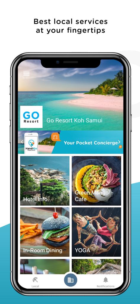HandiGo mobile app interface showing hotel information, in-room dining, cafe, and yoga services for Go Resort Koh Samui.