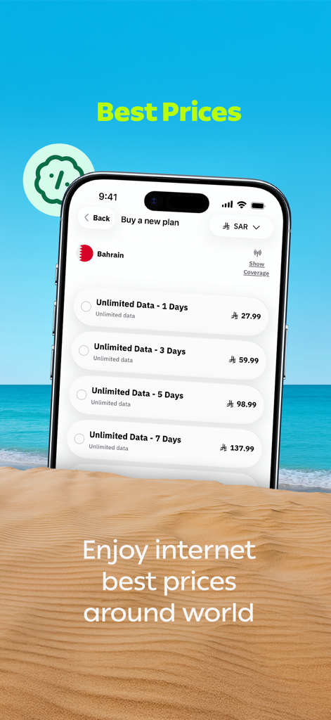 Burj - Unlimited Travel eSIM - iPhone displaying Burj app unlimited travel data plans with a beach background