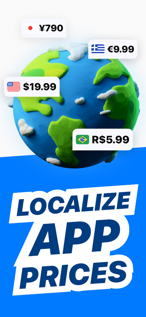 3D globe with localized price bubbles for different countries and currencies including US dollars and Japanese yen