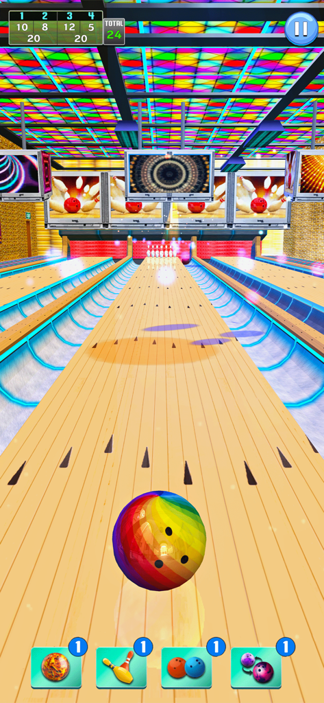 Una bola de bolos de arcoíris en una pista de bolos 3D con gráficos vibrantes