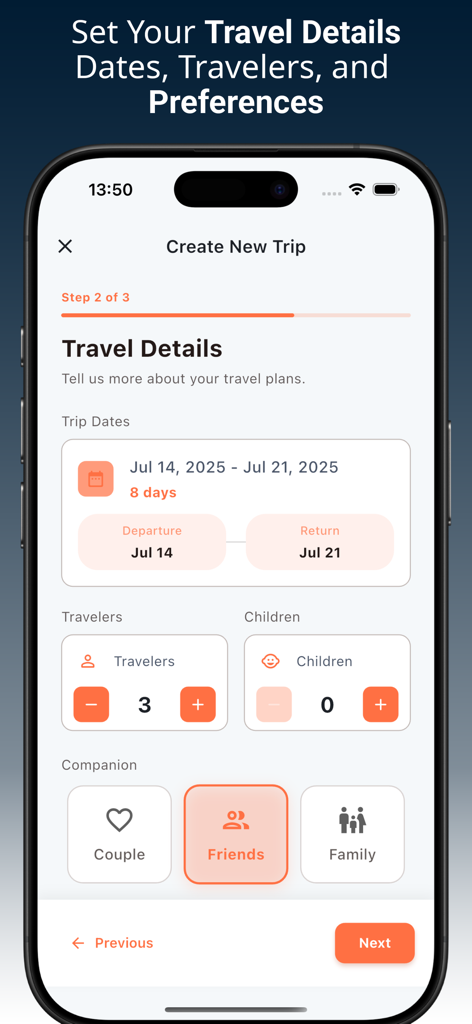 GoPlan - AI Travel Planner - Interface of GoPlan app showing the trip details screen with options for dates, number of travelers, and companion type.