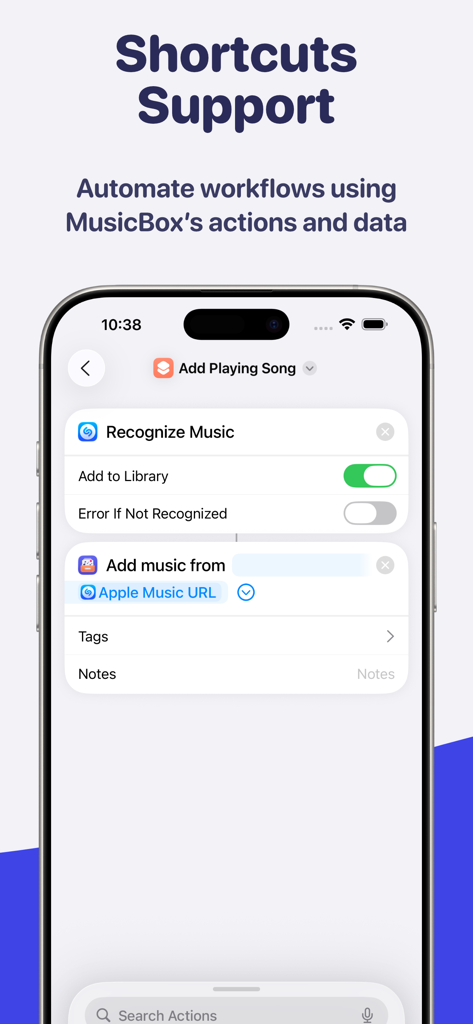 MusicBox: Catalog and Organize - Pantalla de iPhone que muestra la integración de la aplicación MusicBox con Accesos Directos de Apple para automatizar la organización de la biblioteca musical.