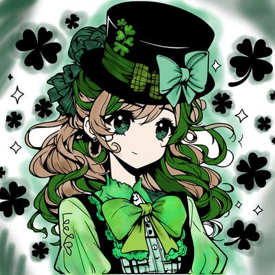 a manga-style girl with clovers around her, a little hat in her hair, like it's saint patrick's day