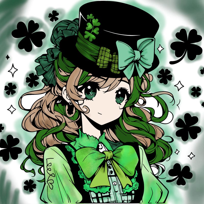 a manga-style girl with clovers around her, a little hat in her hair, like it's saint patrick's day