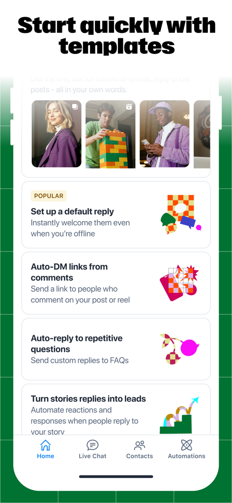 Manychat - Manychatモバイルアプリのインターフェース。自動DMリンクやデフォルト返信など、ソーシャルメディア向けの様々な自動化テンプレートが表示されている