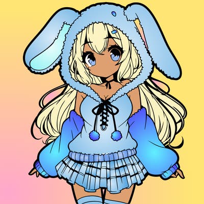 pretty anime girl wearing a fluffy hoodie with bunny ears on the hood and a skirt