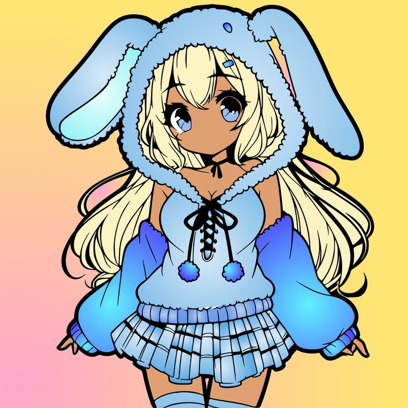 pretty anime girl wearing a fluffy hoodie with bunny ears on the hood and a skirt