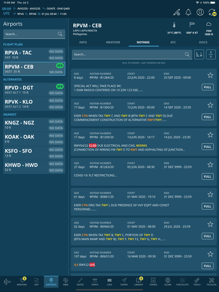 AvioBook Flight - AvioBook Flight app screen showing NOTAMS and airport information for pilots