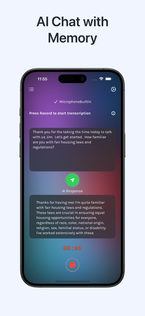 Jotter: Transcribe Voice Video - Jotter app interface showing the AI chat with memory feature and a live transcription of an interview conversation with a generated AI response.
