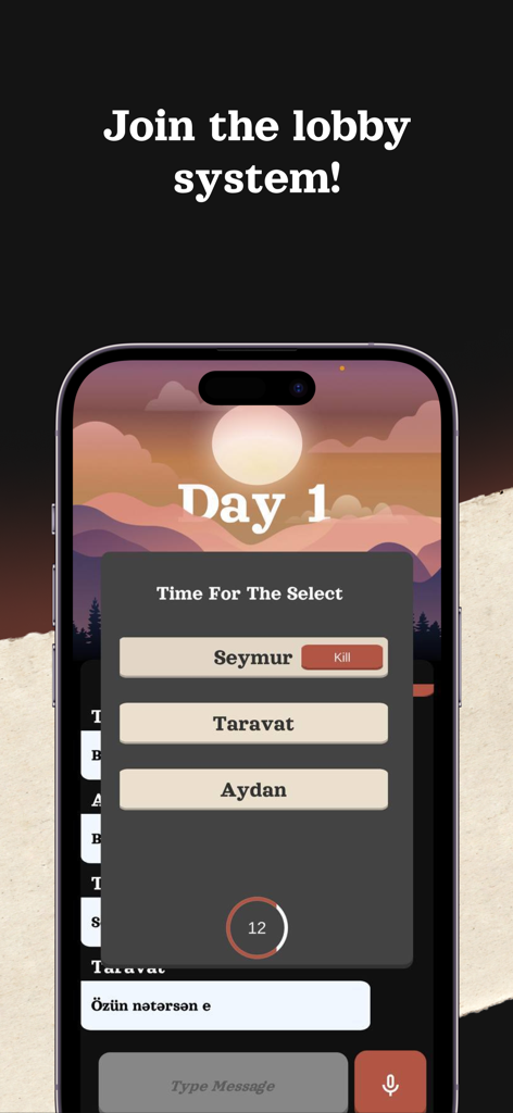 Mafia Online: Find who! - Menú de selección de Mafia Online con nombres de jugadores y un botón de acción de matar.